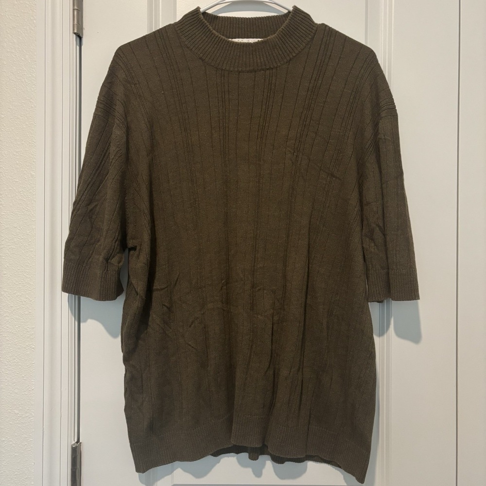 Vintage Perry Ellis Tussah Silk Ribbed Knit Coffee Blouse‎ Women's Top Size XXL